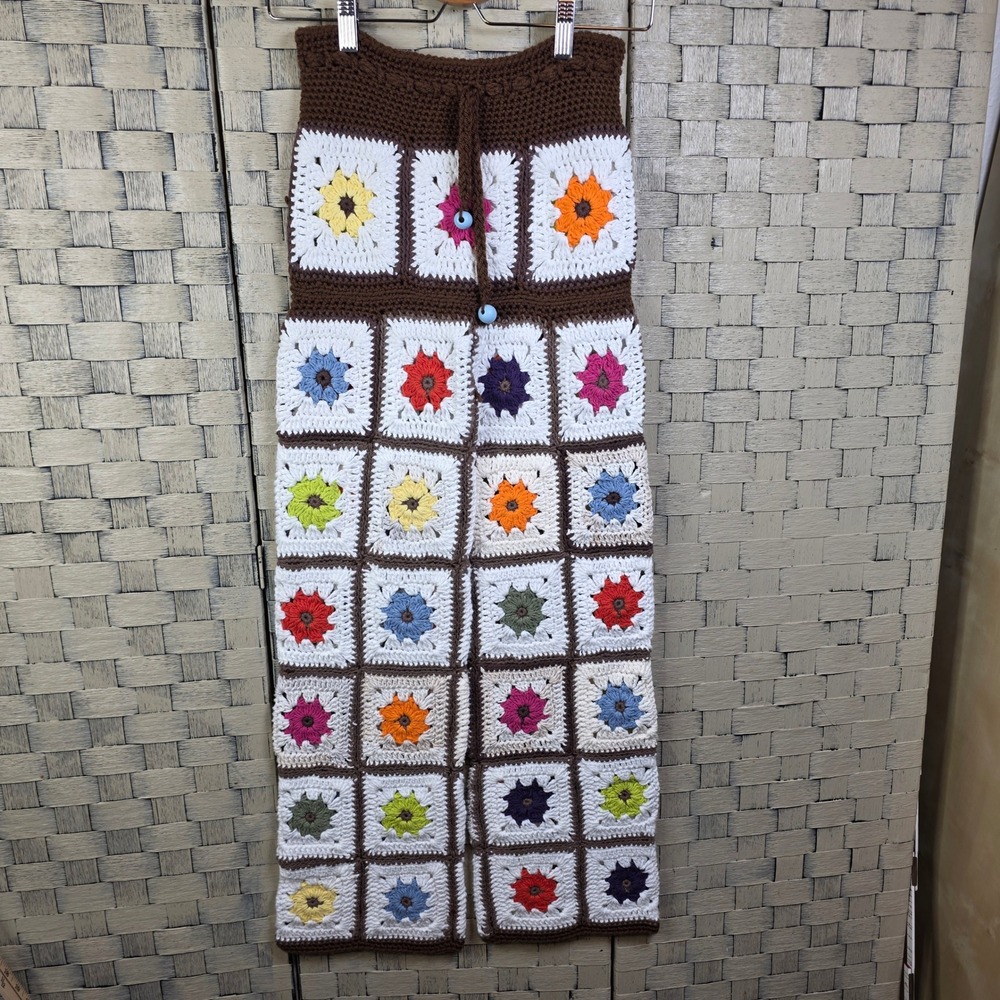 Handmade Crochet Granny Square Pants Women XS Brown Multi Floral Boho Hippie